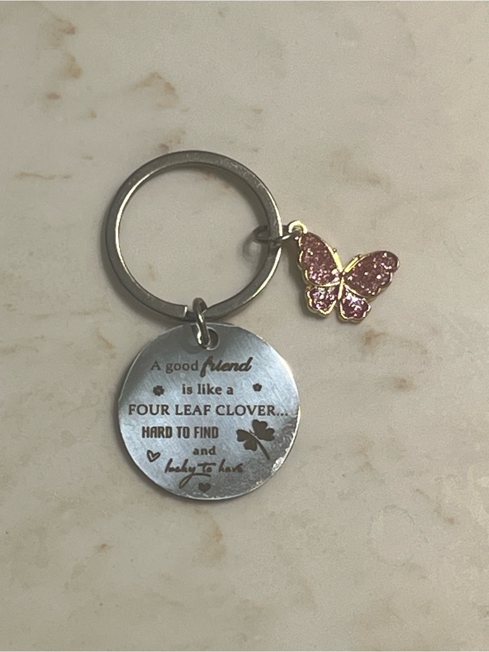 Best Friend Four Leaf Clover Keychain Pink Rhinestone Butterfly Charm
